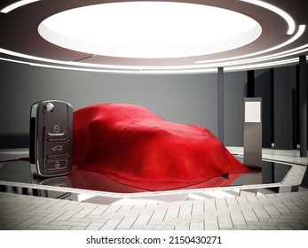 New Car Model Showcase On The Podium Under The Red Silk. 3D Illustration.