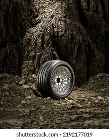 A New Car Wheel Standing On A Rocky Stage. A Car Tire Standing Upright And Sideways On Rocky Ground In Front Of A Natural Cliff. 3d Rendering, No People