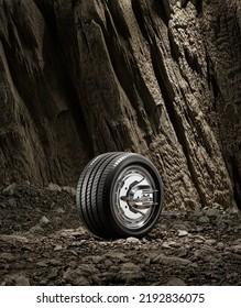 A New Car Wheel Standing On A Rocky Stage. A Car Tire Standing Upright And Sideways On Rocky Ground In Front Of A Natural Cliff. 3d Rendering, No People