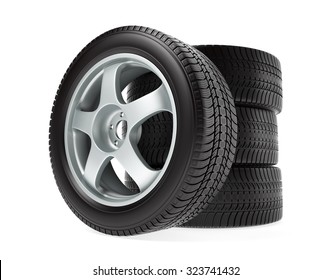 New car wheel with winter tire stacked up and isolated on white background - Powered by Shutterstock