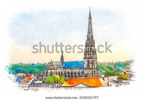 The New\
Cathedral (Neuer Dom), also known as the Cathedral of the\
Immaculate Conception, a Roman Catholic cathedral located in Linz,\
Austria, watercolor sketch illustration.\
