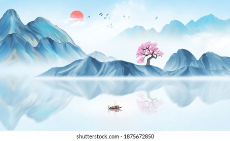New Chinese Blue Ink Landscape Painting Stock Illustration 1875672850 ...