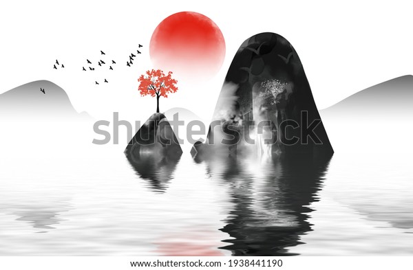 New Chinese ink Feng Shui landscape background healthcare wall art. 