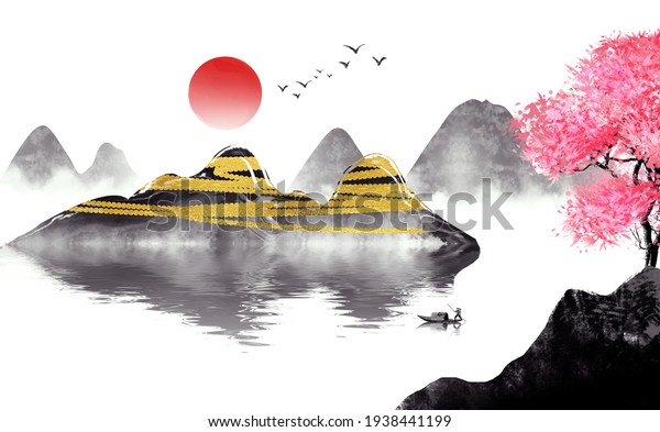 New Chinese ink landscape background illustration