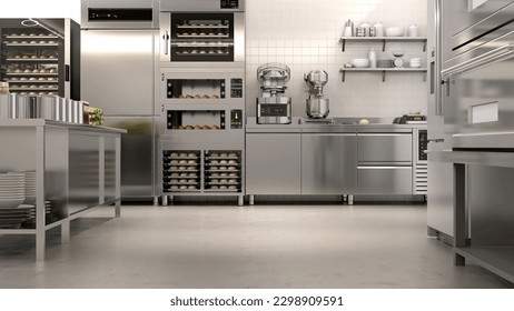 New, clean resin vinyl floor in commercial, professional bakery kitchen and stainless steel convection, deck oven, freezer, refrigerator, kneading machine, table, cabinet, bread, bun for background 3D - Powered by Shutterstock