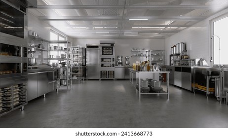 New, clean resin vinyl floor of commercial, professional bakery kitchen, stainless steel convection, bread in deck oven, freezer, refrigerator, kneading machine, cabinet, table background 3D