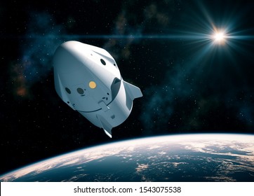 New Commercial Space Capsule Orbiting Planet Earth. 3D Illustration.