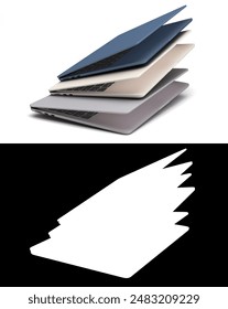 new different color open laptops presentation fly in air 3d render with alpha