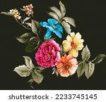New digital flowers and leaves for textile design flower bunch