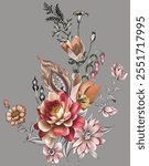 New digital flowers and leaves for textile design flower bunch