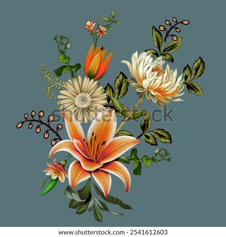 new digital textile composition bunch semi bold flower designs with geomatrical working