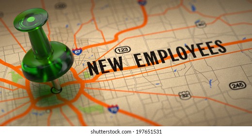 New Employees Concept - Green Pushpin On A Map Background With Selective Focus.