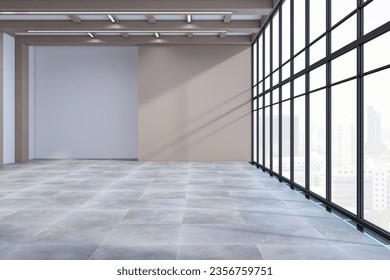 New empty concrete office premises interior with panoramic windows, city view, shadows and mock up place on wall. 3D Rendering