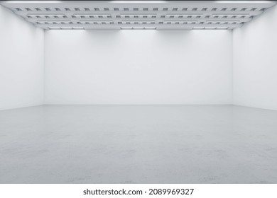 New Empty White Concrete Gallery Interior With Mock Up Place On Wall. Art, No People, Museum And Exhibition Concept. 3D Rendering