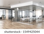 New glass concrete office interior with city view, daylight, wooden floor furniture and equipment. 3D Rendering 