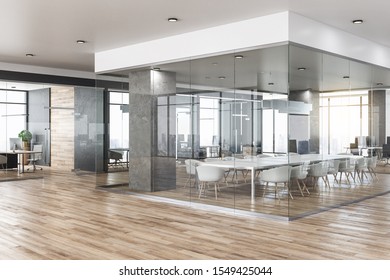 New Glass Concrete Office Interior With City View, Daylight, Wooden Floor Furniture And Equipment. 3D Rendering 