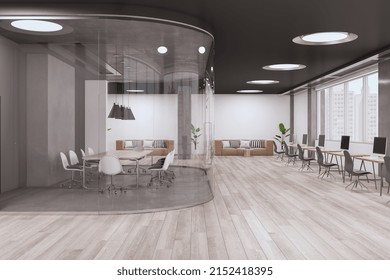 New Glass Coworking Office Interior With Wooden Flooring. Meeting Room And Hallway Concept. 3D Rendering