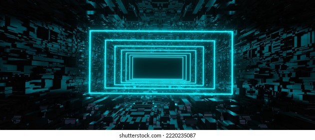 New Glowing Tunnel In Cyber Room Background. Laser Blue Corridor In Dark 3d Render Digital Surface. Colorful Rectangular Hyper Jump In Virtual Reality