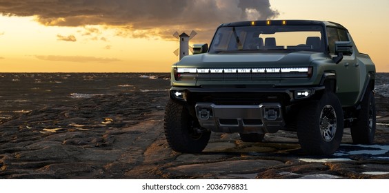 New GMC Hummer EV - Electric Pickup With A Capacity Of More Than 1,000 .3D Illustration