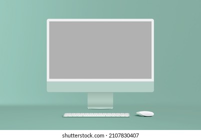 New Green Desktop Computer Display With Mouse And Keyboard On Green Background. Modern Blank Flat Monitor Screen. Front View Illustration.