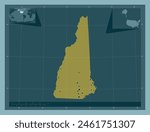 New Hampshire, state of United States of America. Solid color shape. Locations of major cities of the region. Corner auxiliary location maps