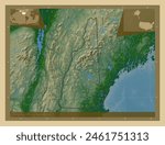 New Hampshire, state of United States of America. Colored elevation map with lakes and rivers. Locations of major cities of the region. Corner auxiliary location maps