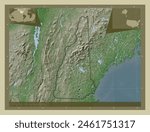 New Hampshire, state of United States of America. Elevation map colored in wiki style with lakes and rivers. Locations of major cities of the region. Corner auxiliary location maps