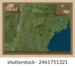 New Hampshire, state of United States of America. Low resolution satellite map. Locations of major cities of the region. Corner auxiliary location maps