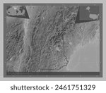 New Hampshire, state of United States of America. Grayscale elevation map with lakes and rivers. Locations of major cities of the region. Corner auxiliary location maps