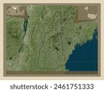 New Hampshire, state of United States of America. High resolution satellite map. Locations of major cities of the region. Corner auxiliary location maps