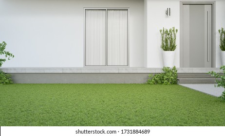 New House With Gray Door And Empty White Wall. 3d Rendering Of Green Grass Lawn In Modern Home.