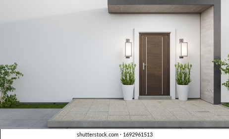 Casa nueva con puerta de madera y pared blanca vacía. 3D de gran patio en casa moderna.