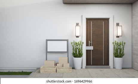 New House With Wooden Door And Empty White Wall. 3d Rendering Of Blank Sign On Patio In Modern Home.