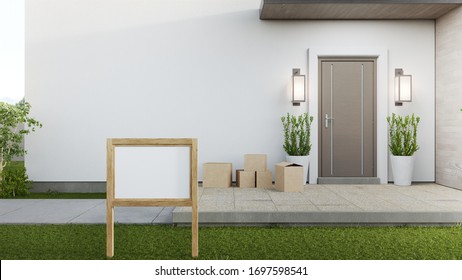 New House With Wooden Door And Empty White Wall. 3d Rendering Of Blank Sign On Lawn In Modern Home.