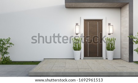 New house with wooden door and empty white wall. 3d rendering of large patio in modern home. Сток-фото © 