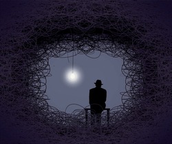 A New Idea Emerges From Confusion. A Man In A Fedora Sits On A Bench Surrounded By Tangles Of Confusion And Complexity And A Bare Bulb For Light In A 3-d Illustration.
