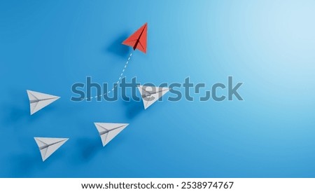 New ideas creativity and different innovative solution. Business concept. A group of paper airplanes, one plane is flying in the other direction, different way.
