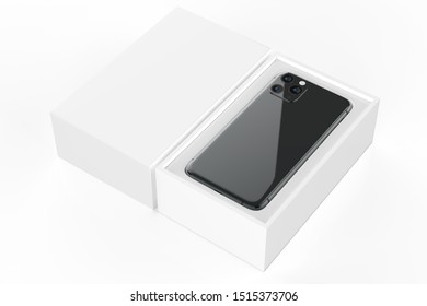 New Iphone 11 Pro Max. Smartphone mock inside the box isolated on white background. Back side. Concept for app, web, presentation. 3d illustration 