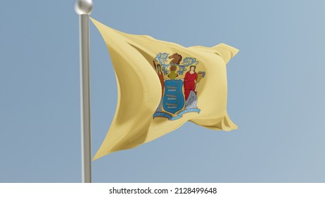 New Jersey Flag On Flagpole. NJ Flag Fluttering In The Wind. USA. 3d Render.