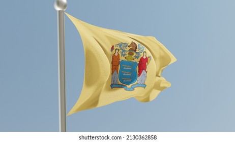 New Jersey Flag On Flagpole. NJ Flag Fluttering In The Wind. USA. 3D Render.