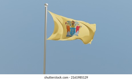 New Jersey Flag On Flagpole. NJ Flag Fluttering In The Wind. USA. 3D Render.