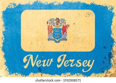 New Jersey state flag vintage road tin sign rusty board. Retro grunge flag of New Jersey decor background.