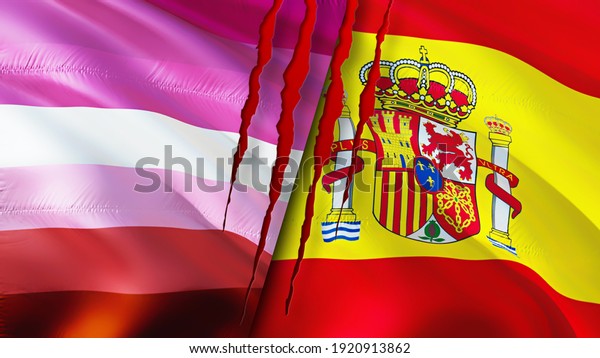 傷跡を持つ新しいレズビアンのプライドとスペインの国旗 レズビアンスペイン国旗の背景 3dレンダリング Lgbtの虹の女性のプライドが国旗の衝突を引き起こす スペインのレズビアンの権利プロパガンダ法を禁止する のイラスト素材