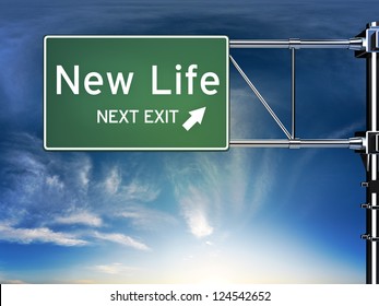 New life next exit, sign depicting a change in life style ahead - Powered by Shutterstock