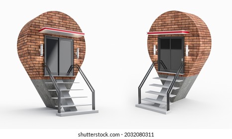 New Location Navigator Pin Locator. Brick Wall Concrete Metal Stairs Empty Space Geolocation Sign Isolated On White Background. Bakery Pizza Shop, Market, Outlet Store 3D Illustration 