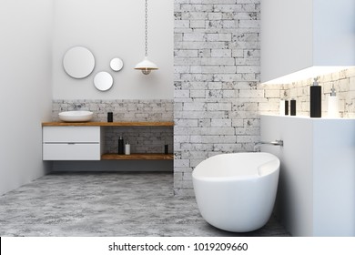 New loft bathroom interior. Side view. 3D Rendering