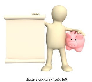 New message - 3d puppet with piggy bank and scroll - Powered by Shutterstock