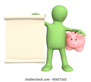 New message - 3d puppet with piggy bank and scroll - Powered by Shutterstock