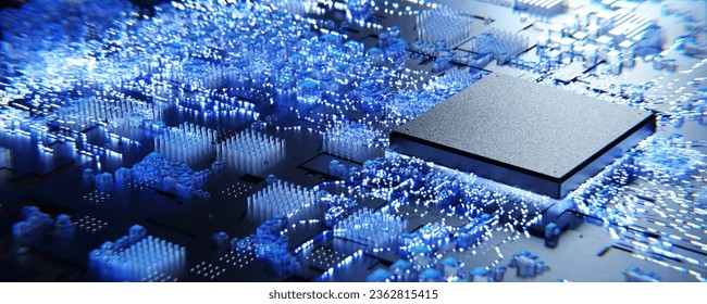New microprocessor. Computer chips and processors on electronic boards. Abstract microelectronics technology concept. Abstract microchip. Conventional technologies. 3d render.