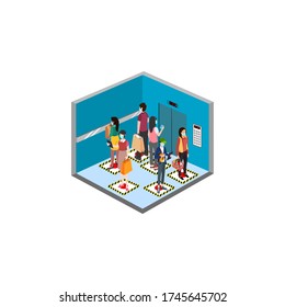 New Normal Isometric, Social Distancing With Floor Signs Inside Elevator For Protect Pandemic Of Virus Covid-19, COVID-19 Quarantine. Pandemic Coronavirus Reducing Risk Of Infection.